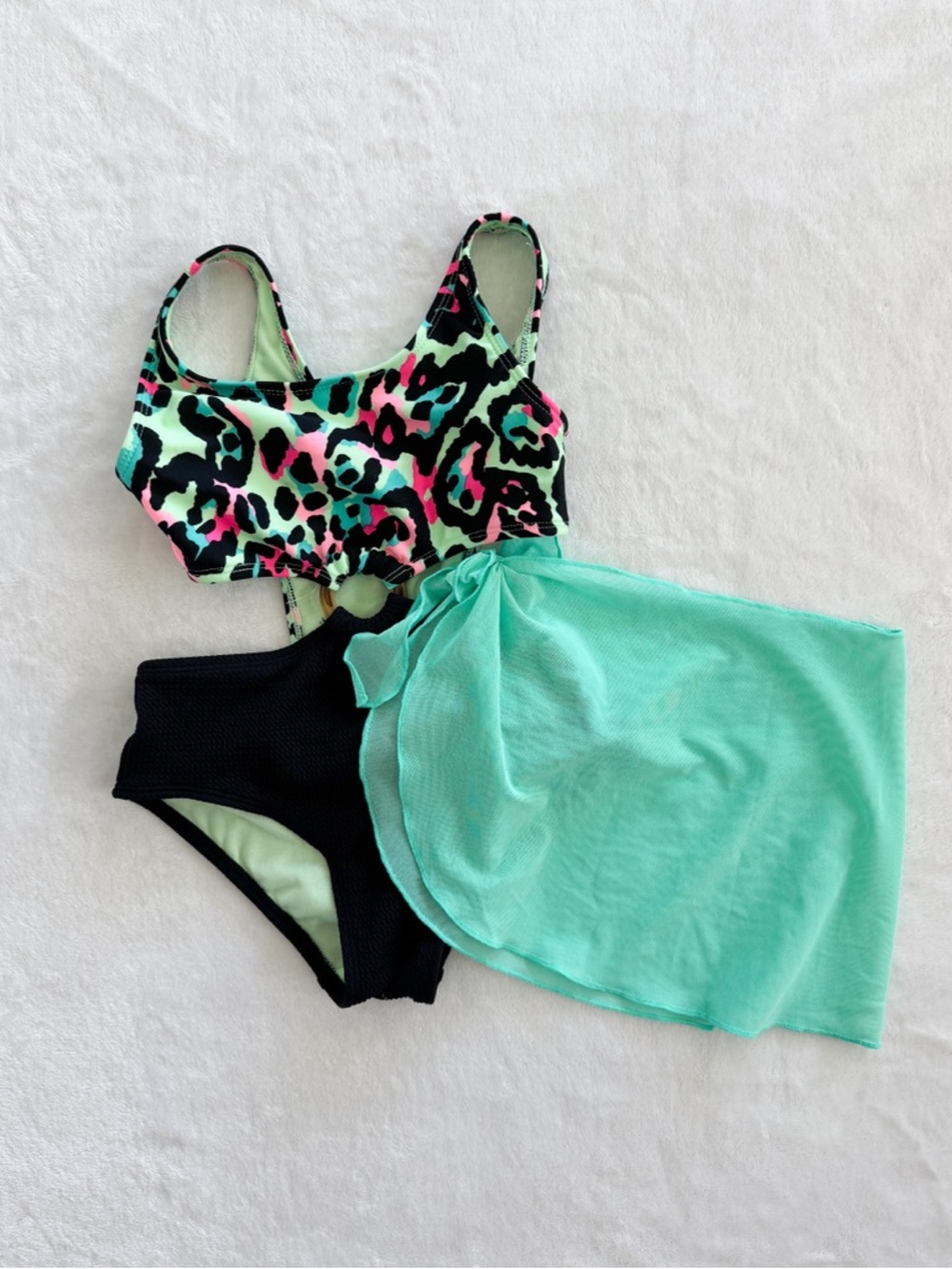 Art Class Girls Cutout One-Piece Swimsuit Sz S 6/7 Neon Leopard w/ Cover Up